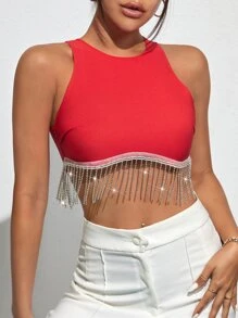 SHEIN BAE Rhinestone Fringe Zip Back Tank Top - Red - View 1