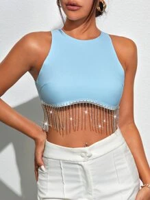 SHEIN BAE Rhinestone Fringe Zip Back Tank Top - Blue - View 4