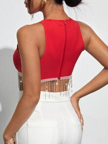 SHEIN BAE Rhinestone Fringe Zip Back Tank Top - Red - View 2