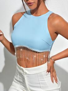 SHEIN BAE Rhinestone Fringe Zip Back Tank Top - Blue - View 5
