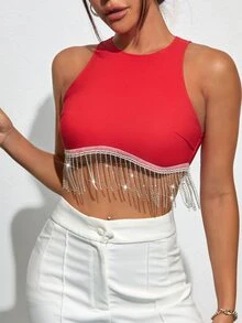 SHEIN BAE Rhinestone Fringe Zip Back Tank Top - Red - View 3