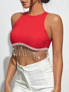 SHEIN BAE Rhinestone Fringe Zip Back Tank Top - Red - View 4