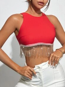 SHEIN BAE Rhinestone Fringe Zip Back Tank Top - Red - View 5