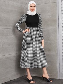Modelyn Mock Neck Leg-Of-Mutton Sleeve Houndstooth Dress Long Evening Dresses - Black and White - View 4