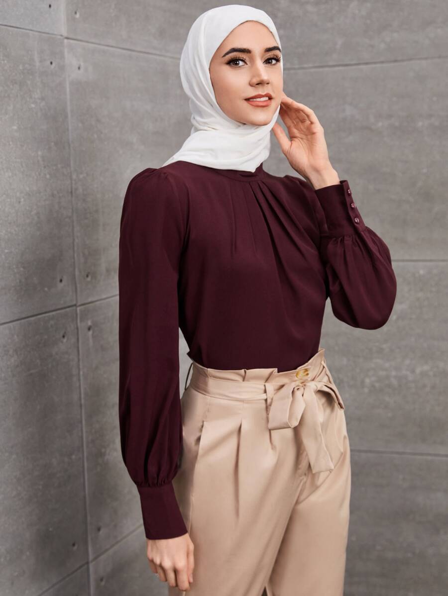 SHEIN Clasi Solid Ruched Keyhole Back Blouse,Long Sleeve Tops Fall Cloth For Women