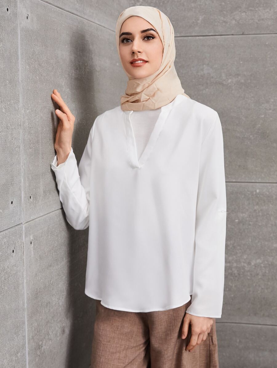 SHEIN Clasi Roll Tab Sleeve Notched Neck Blouse,Long Sleeve Tops - White - View 1