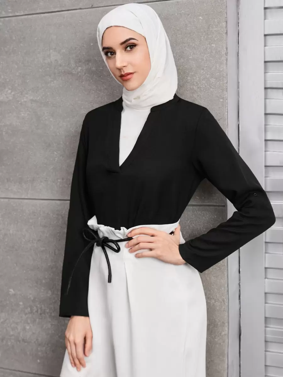 SHEIN Clasi 卷边袖缺口领衬衫 - 黑色 - 查看 1