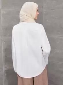 SHEIN Clasi Roll Tab Sleeve Notched Neck Blouse,Long Sleeve Tops - White - View 2