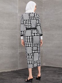 Modelyn Houndstooth Split Hem Belted Dress - Black and White - View 2