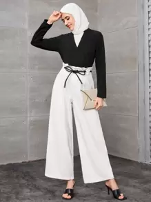 SHEIN Clasi 卷边袖缺口领衬衫 - 黑色 - 查看 3