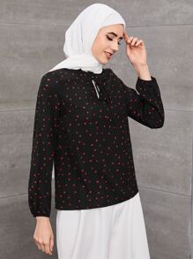 Mulvari 愛心圖案木耳褶皺邊繫帶領襯衫 - 黑色 - 查看 4