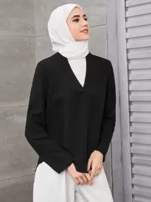 SHEIN Clasi 卷边袖缺口领衬衫 - 黑色 - 查看 4