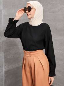 DAZY Flounce Sleeve Keyhole Back Blouse - Black - View 4