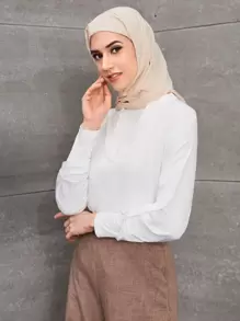 SHEIN Clasi Roll Tab Sleeve Notched Neck Blouse,Long Sleeve Tops - White - View 4