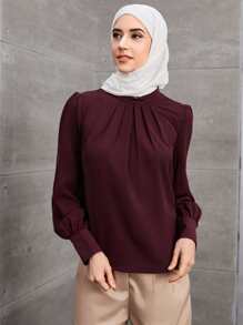 SHEIN Clasi Solid Ruched Keyhole Back Blouse,Long Sleeve Tops Fall Cloth For Women