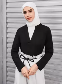 SHEIN Clasi 卷边袖缺口领衬衫 - 黑色 - 查看 5