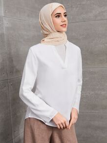 SHEIN Clasi Roll Tab Sleeve Notched Neck Blouse,Long Sleeve Tops - White - View 5