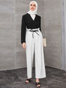 SHEIN Clasi 卷边袖缺口领衬衫 - 黑色 - 查看 6