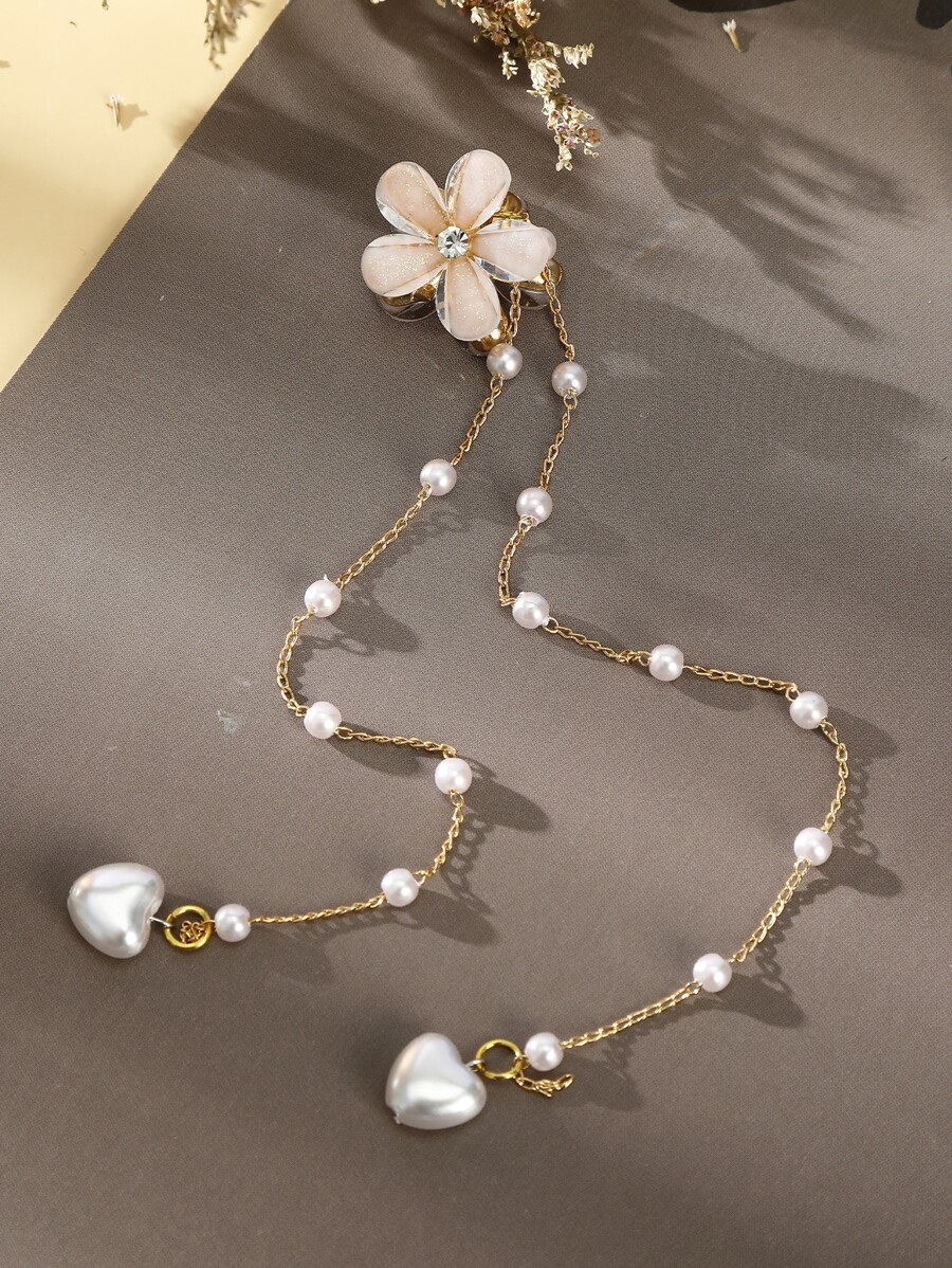 Faux Pearl Decor Flower Design Hair Claw - Beige - View 1