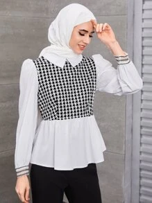 Mulvari 千鸟格印花泡泡袖荷叶边二合一衬衫荷叶边上衣 - 黑與白 - 查看 1