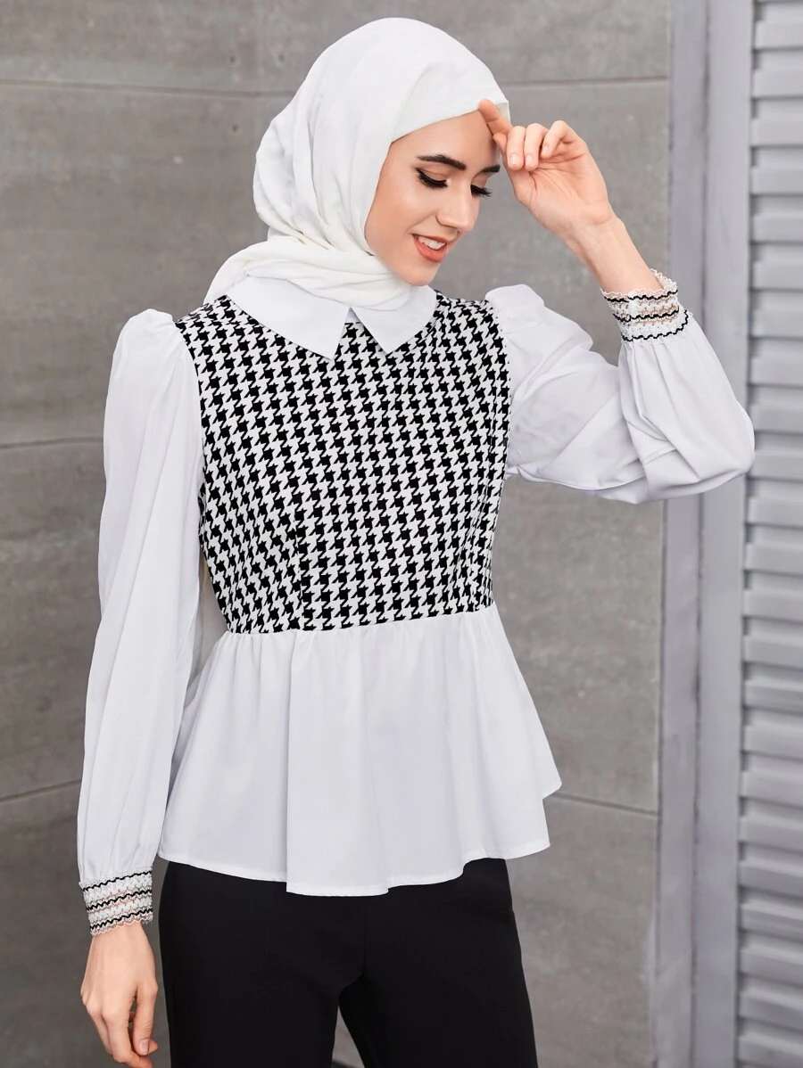 Mulvari 千鸟格印花泡泡袖荷叶边二合一衬衫荷叶边上衣 - 黑與白 - 查看 1