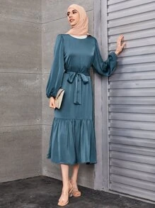 SHEIN Clasi Đầm Maxi Tay Phồng Viền Xếp Ly Có Thắt Lưng Cho Nữ - Màu xanh bụi bặm - Xem 1