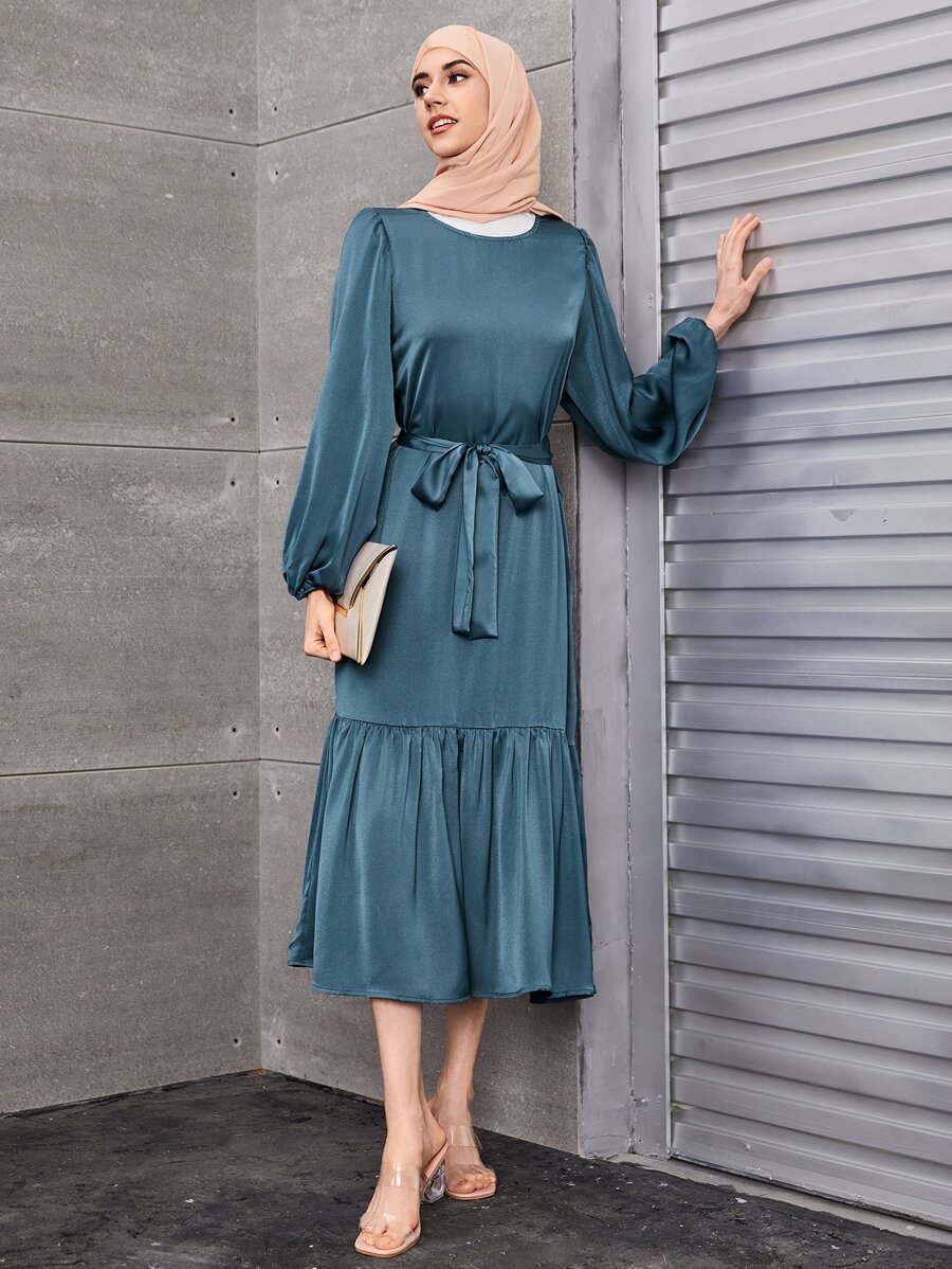 SHEIN Clasi Đầm Maxi Tay Phồng Viền Xếp Ly Có Thắt Lưng Cho Nữ - Màu xanh bụi bặm - Xem 1