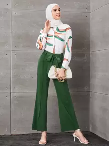 SHEIN Privé 隨機圖案前排扣襯衫和素色腰帶長褲 - 彩色 - 查看 1