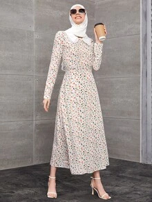 Mulvari 小碎花褶邊飾彼得潘袖洋裝 - 白色 - 查看 3