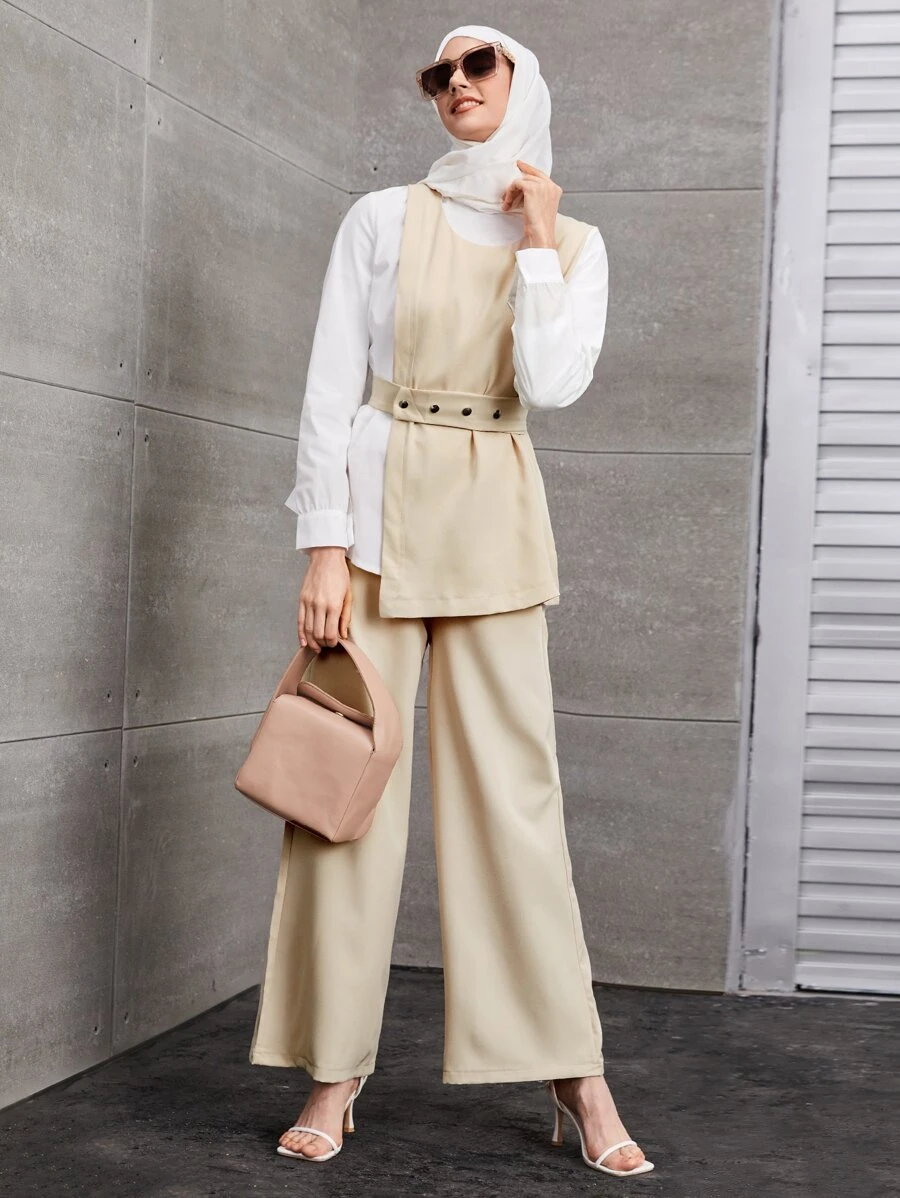 Modelyn 雙色不對稱下擺腰帶上衣和褲子 - 彩色 - 查看 1