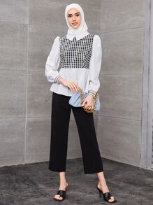 Mulvari 千鸟格印花泡泡袖荷叶边二合一衬衫荷叶边上衣 - 黑與白 - 查看 3