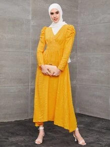 Mulvari Đầm Ngọc trai Xù màu trơn Thanh lịch - Màu vàng - Xem 1