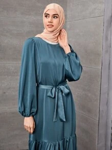 SHEIN Clasi Đầm Maxi Tay Phồng Viền Xếp Ly Có Thắt Lưng Cho Nữ - Màu xanh bụi bặm - Xem 3