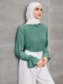 Mulvari Ruffle Trim Pleated Blouse - Cadet Blue - View 3