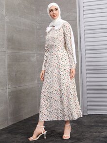 Mulvari 小碎花褶邊飾彼得潘袖洋裝 - 白色 - 查看 4