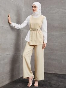 Modelyn 雙色不對稱下擺腰帶上衣和褲子 - 彩色 - 查看 3