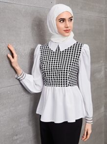 Mulvari 千鸟格印花泡泡袖荷叶边二合一衬衫荷叶边上衣 - 黑與白 - 查看 5