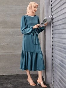 SHEIN Clasi Đầm Maxi Tay Phồng Viền Xếp Ly Có Thắt Lưng Cho Nữ - Màu xanh bụi bặm - Xem 4