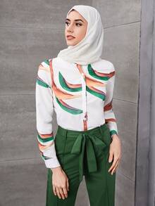 SHEIN Privé 隨機圖案前排扣襯衫和素色腰帶長褲 - 彩色 - 查看 3