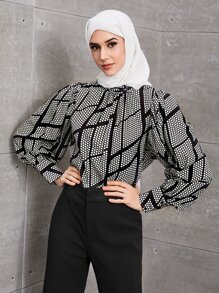 SHEIN BIZwear 波卡圓點和幾何印花燈籠袖襯衫工作服 - 黑與白 - 查看 1