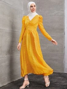 Mulvari Đầm Ngọc trai Xù màu trơn Thanh lịch - Màu vàng - Xem 3