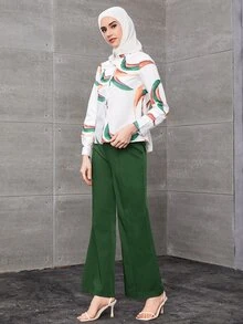 SHEIN Privé 隨機圖案前排扣襯衫和素色腰帶長褲 - 彩色 - 查看 4