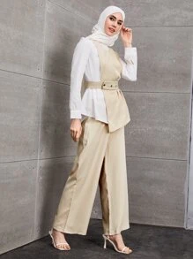 Modelyn 雙色不對稱下擺腰帶上衣和褲子 - 彩色 - 查看 5