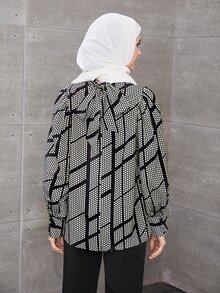 SHEIN BIZwear 波卡圓點和幾何印花燈籠袖襯衫工作服 - 黑與白 - 查看 2