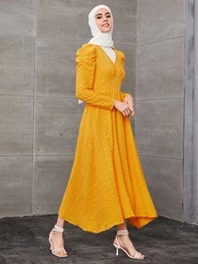 Mulvari Đầm Ngọc trai Xù màu trơn Thanh lịch - Màu vàng - Xem 4