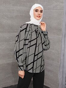 SHEIN BIZwear 波卡圓點和幾何印花燈籠袖襯衫工作服 - 黑與白 - 查看 4