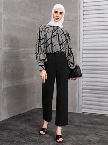 SHEIN BIZwear 波卡圓點和幾何印花燈籠袖襯衫工作服 - 黑與白 - 查看 5