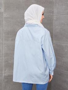 Vertical Stripe Drop Shoulder Oversized Shirt - Baby Blue - View 2