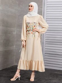 Modelyn 圓點花卉刺繡打結袖口洋裝 - 杏色 - 查看 3