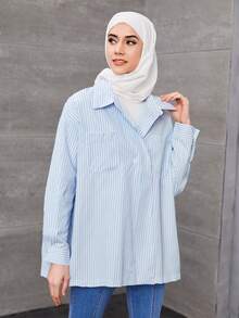 Vertical Stripe Drop Shoulder Oversized Shirt - Baby Blue - View 3